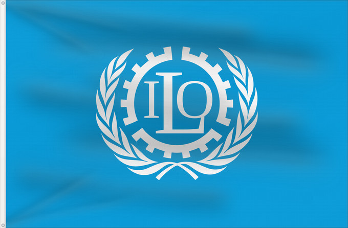 Drapeau, avec deux œillets métalliques et guindant renforcé : ILO	International Labour Organization	Organisation internationale du travail	Internationale Arbeitsorganisation	Dell Organizzazione Internazionale del Lavoro