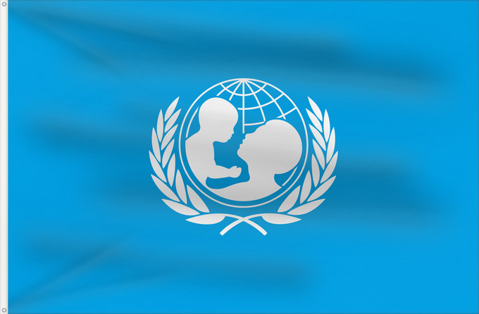 Bandera, con dos ojales metálicos y lado del asta reforzado: UNICEF