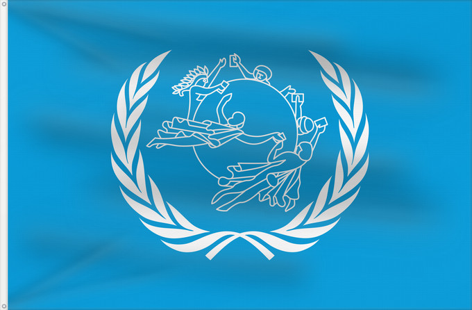 Bandiera, con due occhielli metallici e lato dell'asta rinforzato: UPU Universal Postal Union L Union postale universelle Weltpostverein Dell Unione Postale Universale Прапор Всесвітнього поштового союзу