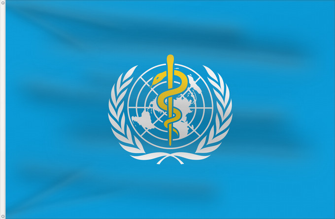 Drapeau, avec deux œillets métalliques et guindant renforcé : WHO	World Health Organization	L Organisation mondiale de la santé	​世界衛生組織的旗幟。