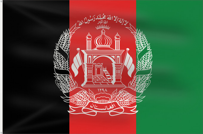 Flagge, mit zwei Metallösen und verstärktem Besatzband: Afghanistan 2013–2021 Islamic Republic of Afghanistan République Islamique d Afghanistan República Islámica de Afganistán Islamischen Republik Afghanistan Afghanistan República Islâmica do Afeganistão Afganistanu علم أفغانستان Afganistana ئاڵای ئەفغانستا