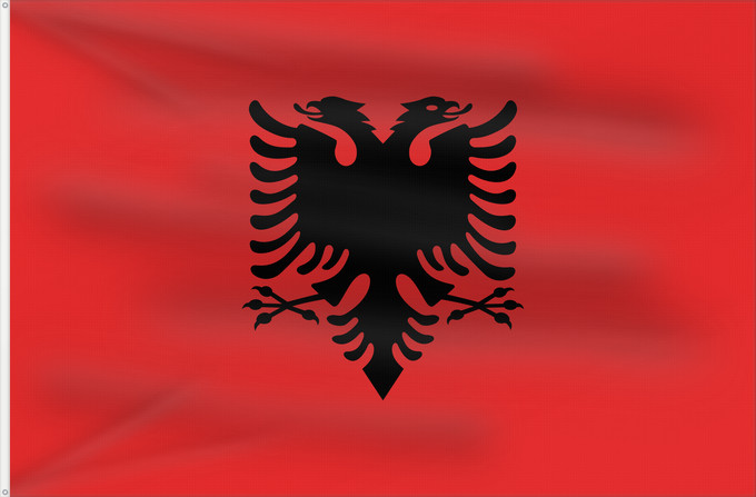 Bandera, con dos ojales metálicos y lado del asta reforzado: Albania	L Albanie	Albanien	Dell Albania	علم ألبانيا	Albanije	Σημαία της Αλβανίας	Albanio	Albanian	Drapél de l’Albanie	Albánia	Ala Albanyayê	Albaniae	Albanesche Fändel	Знаме на Албанија	Albaniei	Флаг Албании	S Albania	Bannera di Albanìa	Albánska	I Shqipëri