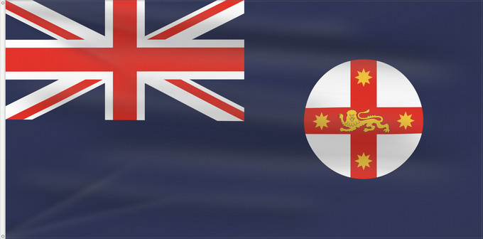 Bandera, con dos ojales metálicos y lado del asta reforzado: New South Wales And government ensign internal waters only of New South Wales Nouvelle-Galles du Sud Nueva Gales del Sur New South Wale Nuovo Galles del Sud