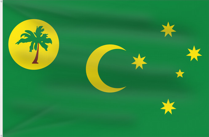 Bandera, con dos ojales metálicos y lado del asta reforzado: Cocos  Keeling  Islands	Cocos (Keeling) Islands	îles Cocos, utilisation non-officielle. Ratio 1 2	Islas Cocos	Kokosinseln	Isole Cocos	La Kokosinsuloj, uzo ne oficiala