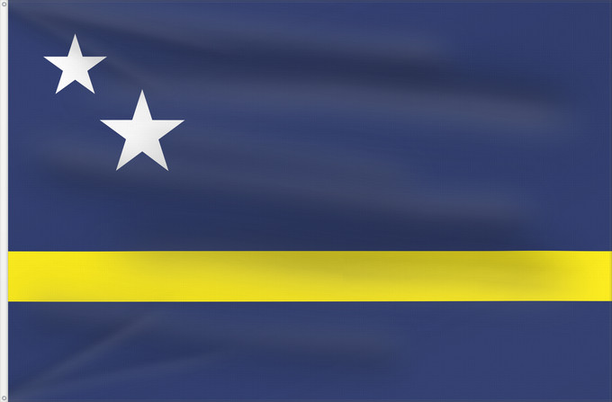 Drapeau, avec deux œillets métalliques et guindant renforcé : Curaçao	Curazao	Curacao	Curaçao is a blue field with a horizontal yellow stripe slightly below the midline and two white
