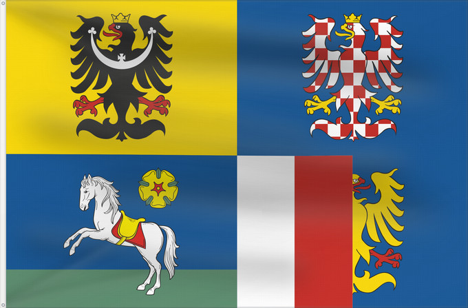 Bandera, con dos ojales metálicos y lado del asta reforzado: Moravian-Silesian Region	Région de Moravie-Silésie	Región de Moravia-Silesia	Moravian-Silesian	Moravskoslezského kraje čtvrcený list v horním žerďovém žlutém poli slezská orlice v dolním žerďovém modrém poli na zeleném trávníku