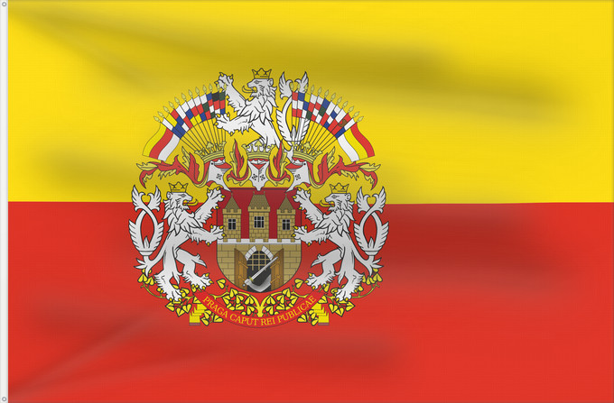 Bandera, con dos ojales metálicos y lado del asta reforzado: Prague flag with CoA	Prague flag with coats of arms	Prague	Praga	Prahy se znakem Prahy