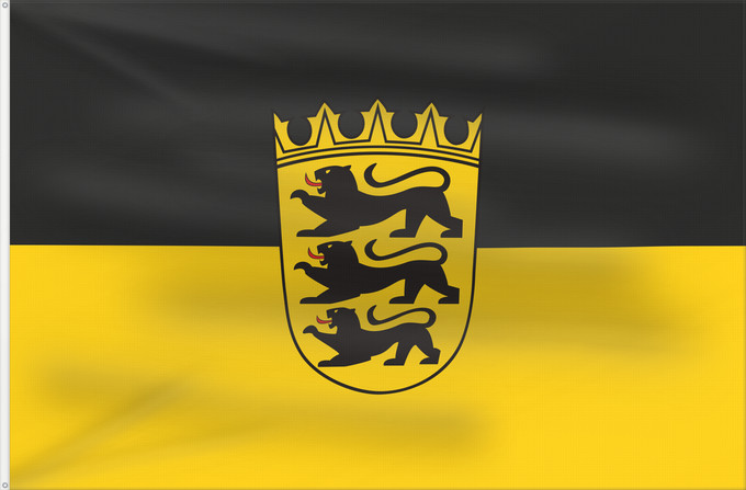 Bandera, con dos ojales metálicos y lado del asta reforzado: Baden-Württemberg state, lesser arms State flag with lesser arms of Baden-Württemberg Bade-Wurtemberg Baden-Wurtemberg[ Landesdienstflagge Baden-Württembergs mit kleinem Landeswappen Baden-Württemberg