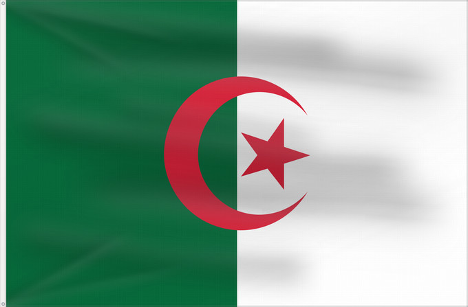 Flag, with two metal eyelets and reinforced hoist: Algeria	L Algérie	Argelia	Algerien	Dell Algeria	Algerije	Argélia	Algierii	Vo Algérie	علم الجزائر	Σημαία της Αλγερίας	Alĝerio	Algerian	דגל אלג יריה	Algéria	Aljazair	アルジェリアの国旗	Asenǧaq n Dzayer	알제리의 국기	Drapèu d Argeria	Флаг Алжира	Alžirije	Algeriets	ⴰⵏⴰⵢ ⴰⴷⵣ