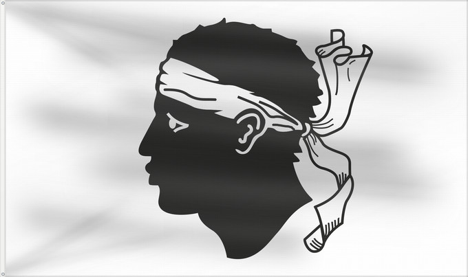 Flag, with two metal eyelets and reinforced hoist: Corsica Corse Córcega Korsika Korsyki Couleu de la Corse Vu Korsika Banniel Korsika Corsicae Corsega