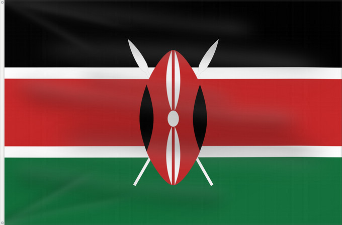 Drapeau, avec deux œillets métalliques et guindant renforcé : Kenya Kenia Quénia Kenii የኬንያ ሰንደቅ ዓላማ علم كينيا Keniya Сцяг Кеніі কেনিয়ার ফিরালহান Kenije Keňská vlajka Kenyas Σημαία της Κένυας Kenja Kenya lipp Kenian דגל קניה केन्या का ध्वज ケニアの国旗 კენიის დროშა 케냐의 국기 Kenijos Знаме на Кенија Kenyas flagg Флаг Кении K
