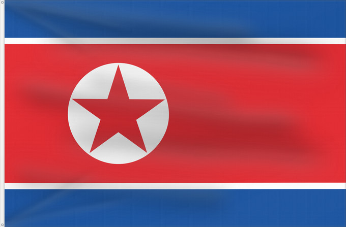 Bandiera, con due occhielli metallici e lato dell'asta rinforzato: North Korea	Korea (Democratic People's Republic) (North Korea)	Corée du Nord	Corea del Norte	Nordkorea	Corea del Nord	Noord-Korea	Coreia do Norte	Korei Północnej	Corea d o Norte	علم كوريا الشمالية	Национално знаме на Северна Корея	উত্তর কোরিয়ার জাতীয় পত