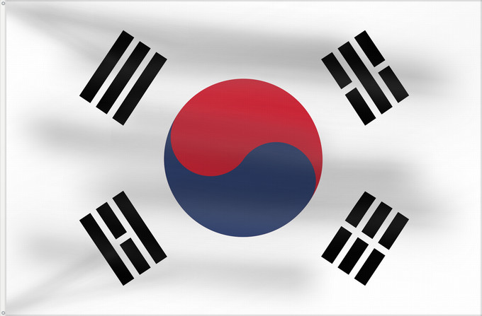 Flag, with two metal eyelets and reinforced hoist: South Korea Republic of Korea South Korea Corée du Sud Corea del Sur Südkoreas Corea del Sud Zuid-Korea Coreia do Sul Korei Południowej علم كوريا الجنوبية جمهورية كوريا Cənubi Koreya দক্ষিণ কোরিয়ার পতাকা ལྷོ་ཀོ་རི་ཡ། དར་ཆ། Južne Koreje 大韓民國國旗 / Dâi-hà