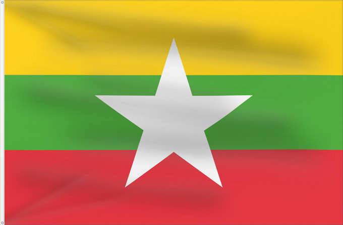 Flag, with two metal eyelets and reinforced hoist: Myanmar	Myanmar (Burma)	Birmanie	Es Birmania	Birmania	Myanmar  Birma	Mianmar	علم ماينمار	মায়ানমারের জাতীয় পতাকা	মায়ানমারর ফিরালহান	Myanmars flag  Tidligere Burma	Mjanmao	म्यान्मार का ध्वज	미얀마의 국기	Mianmaro	မြန်မာနိုင်ငံ အလံတော်	Флаг Мьянмы	Mjanmarska	Mj