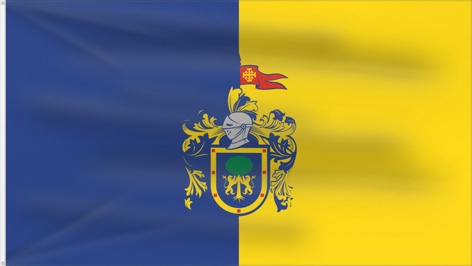 Bandiera, con due occhielli metallici e lato dell'asta rinforzato: Jalisco Official flag of Free and Sovereign State of Jalisco in accordance to the government Officielle de l État libre et souverain de Jalisco Oficial del Estado Libre y Soberano de Jalisco de acuerdo con la ley sobre la bandera del Congreso estatal y el