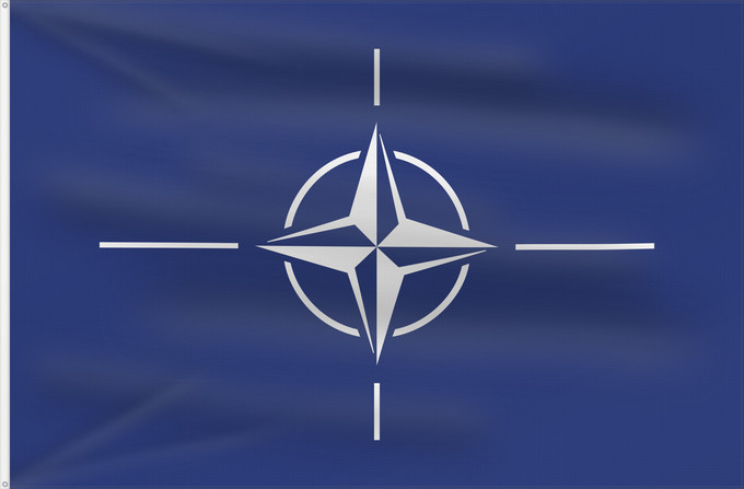 Flag, with two metal eyelets and reinforced hoist: NATO	North Atlantic Treaty Organization  NATO	L Organisation du traité de l Atlantique nord  OTAN	Organización del Tratado del Atlántico Norte  OTAN	Organizazione/ North Atlantic Starts Treaty	Dell Organizzazione del Trattato dell Atlantico del Nord  NATO