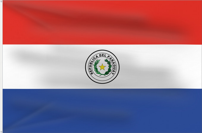 Bandera, con dos ojales metálicos y lado del asta reforzado: Paraguay	Paraguay  obverse	علم باراغواي	پرچم پاراگوئه  روی پرچم	Флаг Парагвая