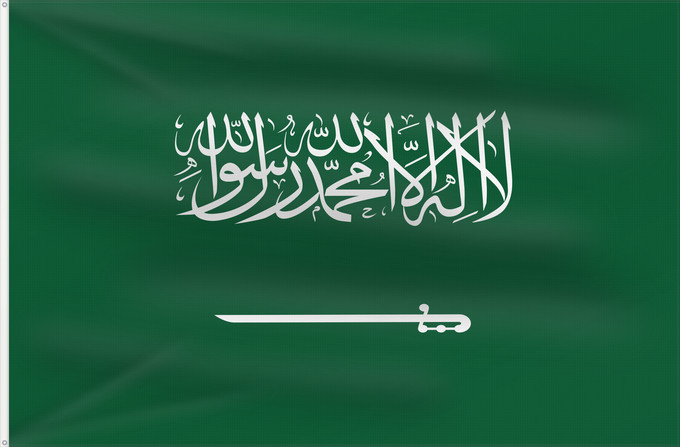 Bandera, con dos ojales metálicos y lado del asta reforzado: Civil Ensign of Saudi Arabia  obverse	Saudi Arabia	Arabie saoudite	Arabia Saudita	Saudi-Arabien	الشعار المدني في الأعلى على الركن الأيمن للعلم، ومعدل التناسب ٢ ٣