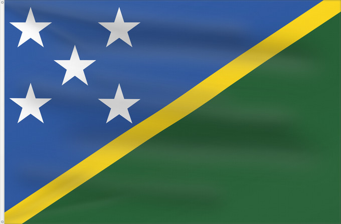 Bandera, con dos ojales metálicos y lado del asta reforzado: Solomon Islands	îles Salomon	Islas Salomón	Salomonen	Isole Salomone	Salomonseilanden	Ynysoedd Solomon	Oileán Sholamón	Brattagh ny h-Ellanyn Holomon	Ynysow Salamon	The Solomon Islands	Salomonovih otokih