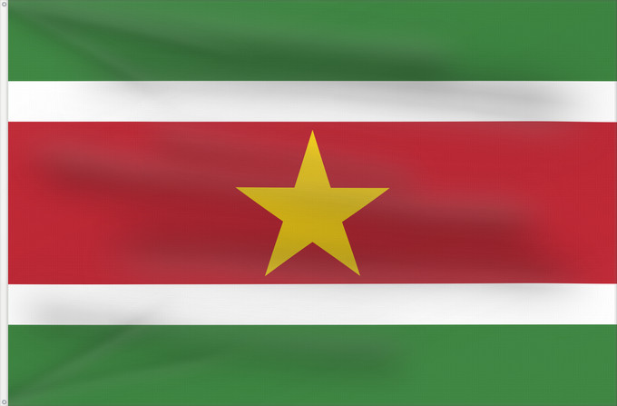 Flag, with two metal eyelets and reinforced hoist: Suriname	Surinam	সুরিনামের জাতীয় পতাকা	Surinamo	Fan Suriname	सूरीनाम का ध्वज	Bendéra Suriname	Surinamiae	Vun Surinam	Unancha Surinam	Styago Suriname	Флаг Суринама	Surinama	Fraga fu den Ripoliku Sranan	פאן סורינאםס