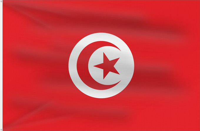 Drapeau, avec deux œillets métalliques et guindant renforcé : Tunisia Tunisie Túnez Tunesien Tunesië علم تونس তিউনিসিয়ার পতাকা। Tunísia Флаг Туниса Tunizije ⴰⵛⴻⵏⵢⴰⵍ ⵏ ⵜⵓⵏⴻⵙ