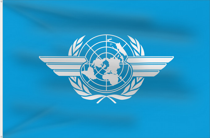 Bandera, con dos ojales metálicos y lado del asta reforzado: ICAO	International Civil Aviation Organization	L Organisation de l aviation civile internationale