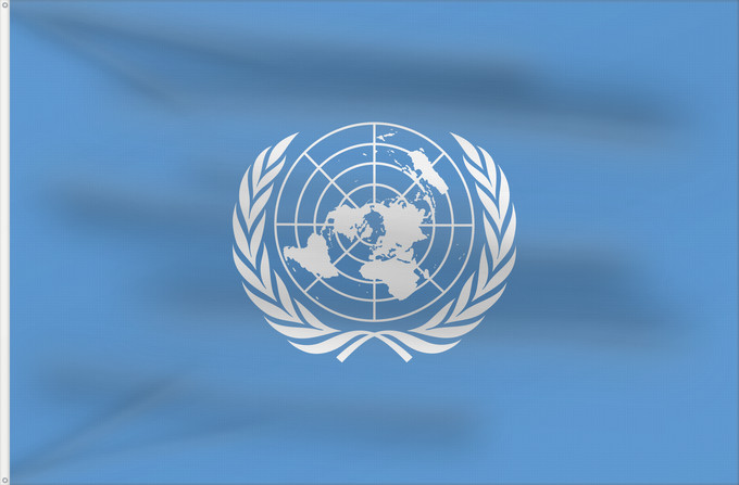 Drapeau, avec deux œillets métalliques et guindant renforcé : United Nations	United Nations, UN	Nations unies	Naciones Unidas	Vereinten Nationen	Nazioni Unite, ONU	Verenigde Naties	Das nações unidas	Organizacji Narodów Zjednoczonych  ONZ	علم الأمم المتحدة	Сцяг Арганізацыі Аб яднаных Нацый	Сьцяг Арганізацыі Аб яднаны