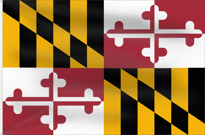 Bandera, con dos ojales metálicos y lado del asta reforzado: Maryland Stanowa Marylandu ᎺᎵᏂ ᎦᏓᏘ Ka hae Melelana Terræ Mariæ Méelin Hahoodzo bidah naatʼaʼí Флаг Мэриленда Američke savezne države Maryland
