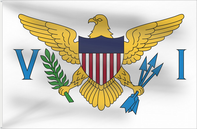 Flag, with two metal eyelets and reinforced hoist: United States Virgin Islands	Virgin Islands, U.S.	îles Vierges américaines	Islas Vírgenes de los Estados Unidos	Amerikanischen Jungferninseln	Isole Vergini statunitensi	Amerikaanse Maagdeneilanden	Wysp Dziewiczych Stanów Zjednoczonych	Amerikanske Jomfruøe