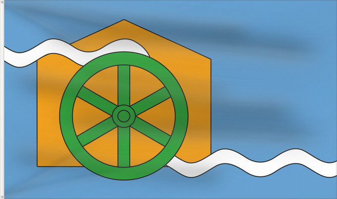 Drapeau, avec deux œillets métalliques et guindant renforcé : Cromford village	The village flag of Cromford in Derbyshire
