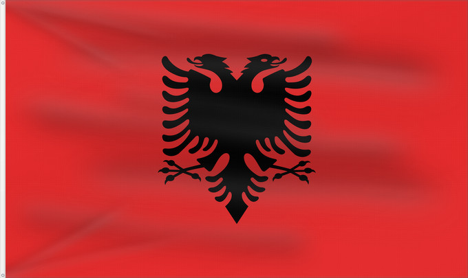 Bandera, con dos ojales metálicos y lado del asta reforzado: Albania	L Albanie	Albanien	Dell Albania	علم ألبانيا	Albanije	Σημαία της Αλβανίας	Albanio	Albanian	Drapél de l’Albanie	Albánia	Ala Albanyayê	Albaniae	Albanesche Fändel	Знаме на Албанија	Albaniei	Флаг Албании	S Albania	Bannera di Albanìa	Albánska	I Shqipëri