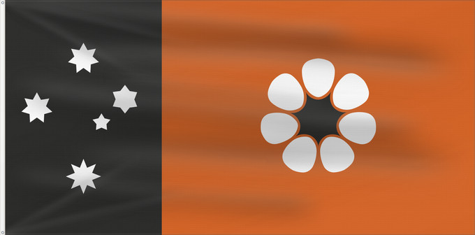 Bandera, con dos ojales metálicos y lado del asta reforzado: Northern Territory	Northern Territory  adopted on July 1, 1978 on the first day of self-government  was designed by the Australian artist Robert Ingpen	Territoire du Nord	Territorio del Norte