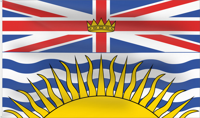 Flag, with two metal eyelets and reinforced hoist: British Columbia	Colombie-Britannique	Columbia Británica	Columbia Britannica	Banniel proviñs Kolombia Vreizhveuriat  British Columbia