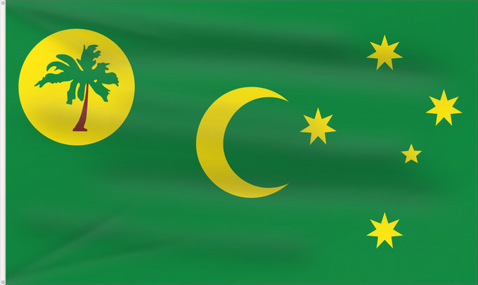 Bandera, con dos ojales metálicos y lado del asta reforzado: Cocos  Keeling  Islands	Cocos (Keeling) Islands	îles Cocos, utilisation non-officielle. Ratio 1 2	Islas Cocos	Kokosinseln	Isole Cocos	La Kokosinsuloj, uzo ne oficiala
