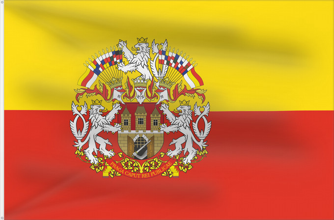 Bandera, con dos ojales metálicos y lado del asta reforzado: Prague flag with CoA	Prague flag with coats of arms	Prague	Praga	Prahy se znakem Prahy