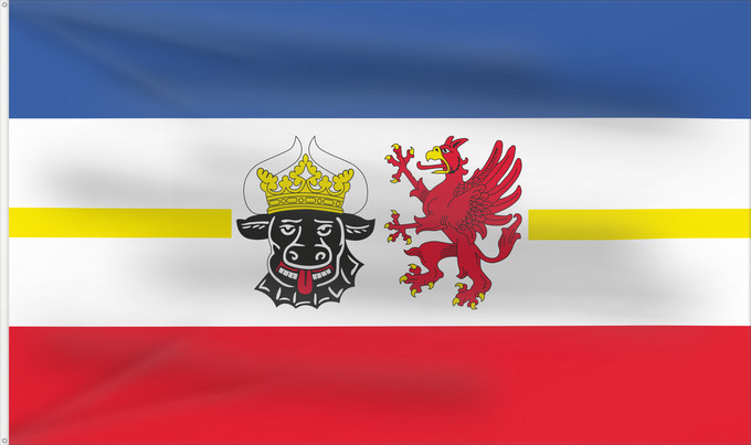 Bandera, con dos ojales metálicos y lado del asta reforzado: Mecklenburg-Western Pomerania	Mecklenburg-Vorpommern	Mecklembourg-Poméranie-Occidentale	Mecklemburgo-Pomerania Occidental	Meclemburgo-Pomerania Anteriore