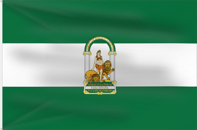 Bandera, con dos ojales metálicos y lado del asta reforzado: Andalucía	Autonomous Comunity of Andalusia  Spain	Andalusia	Comunidad Autónoma de Andalucía  España