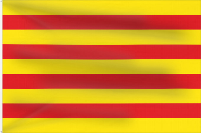 Flag, with two metal eyelets and reinforced hoist: Catalonia	The senyera	La seniera	La señera	Die senyera	Dell  Aragón  traslitterata in spagnolo come señera	La senyera	La Senjera