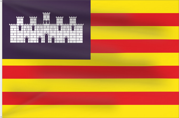 Drapeau, avec deux œillets métalliques et guindant renforcé : Balearic Islands	Balearic Islands, Spain	Îles Baléares, Espagne	Islas Baleares, España	Balearic Islands	Isole Baleari	Balearów, Hiszpania