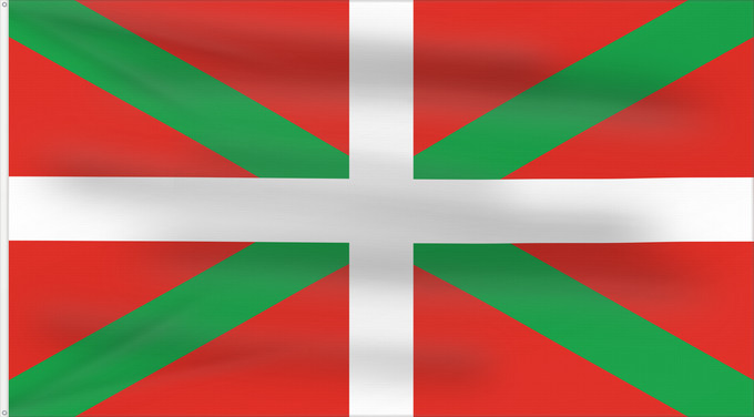 Bandera, con dos ojales metálicos y lado del asta reforzado: Basque Country	Autonomous region of the Basque Country A white cross over a green saltire on a red field	Basque Country	Ikurriña Bandera de la Comunidad autónoma del País Vasco	Autonomen Region Baskenland Ein weißes Kreuz über grünem Andreaskreuz auf rote