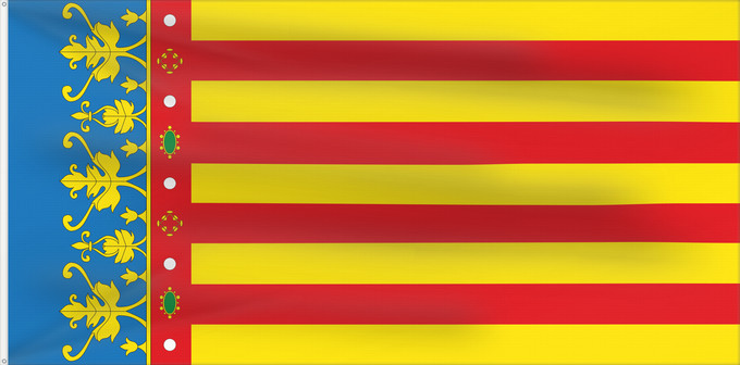 Bandera, con dos ojales metálicos y lado del asta reforzado: Land of Valencia official Land of Valencia, 1 2 ratio Valencia Community Comunidad Valenciana, proporciones 1 2 Valencian Community Comunità Valenciana D o Comunidat Balenziana Comunidá Valenciana Comunitat Valenciana, proporcions 1 2 Valentziako Erkideg