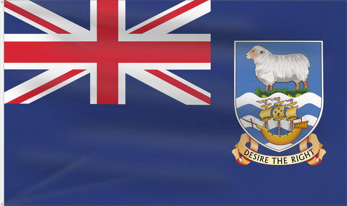 Bandera, con dos ojales metálicos y lado del asta reforzado: Falkland Islands British flag of the Falkland Islands Îles Malouines Islas Malvinas Falklandinseln Isole Malvine Ynysoedd y Falklands Ynysow Falkland Флаг Фолклендских островов