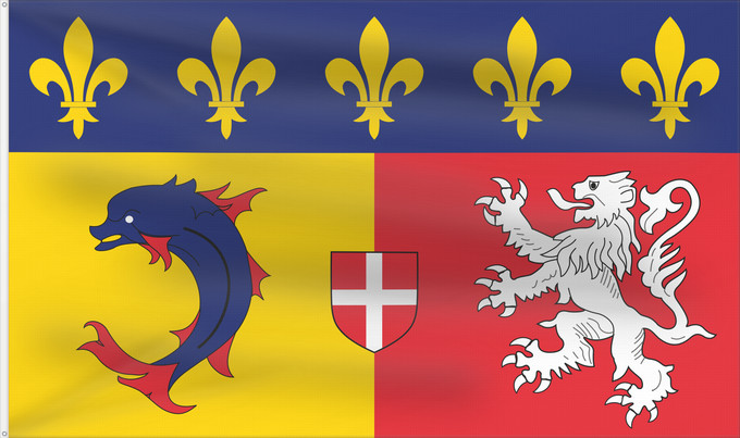Flagge, mit zwei Metallösen und verstärktem Besatzband: Rhône-Alpes	Region Rhône-Alpes in France	Région Rhône-Alpes en France	Ródano-Alpes	Rodano-Alpi	Franse regio Rhône-Alpes