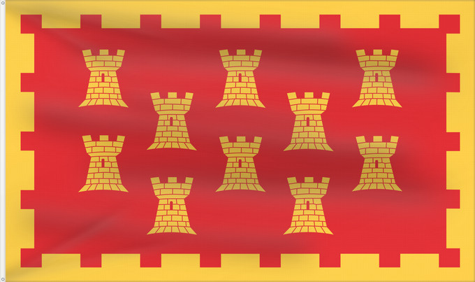 Bandera, con dos ojales metálicos y lado del asta reforzado: Unofficial County Flag of Greater Manchester	The County Flag of Greater Manchester is composed of ten golden castles  arranged in rows of 3-2-3-2  on a red background	Manchester