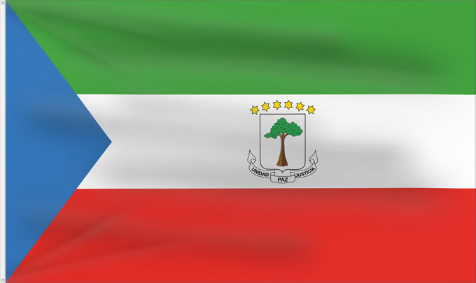 Bandiera, con due occhielli metallici e lato dell'asta rinforzato: Equatorial Guinea Guinée équatoriale Guinea Ecuatorial Äquatorialguineas Guinea Equatoriale Guiné Equatorial علم غينيا الاستوائية Guinea Equatorial Ekvatora Gvineo Ekuatore Gineako bandera Bɛndɛ́lɛ ya Republiki ya Gine-Ekwatorial Флаг Экваториальной Гвине