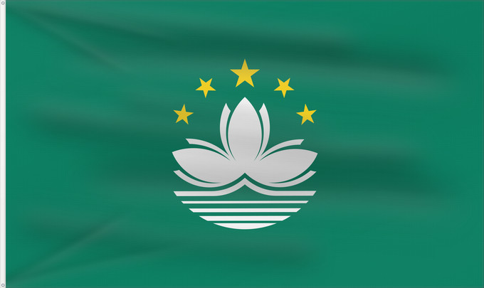 Bandera, con dos ojales metálicos y lado del asta reforzado: Macau Macao Região Administrativa Especial de Macau 澳門特別行政區區旗 / Ó̤-muòng Dĕk-biék Hèng-céng-kṳ̆ kṳ̆-gì Macaa 澳門特別行政區區旗 澳門特別行政區區旗 / Àu-mûn Thi̍t-phe̍t Hàng-tsṳn-khî khî-khì マカオの旗 Aumın 마카오의 旗 / 마카오의 기 澳門特別行政區之區旗 Флаг Макао Makao ئاۋمېن بايرىقى Прапор А