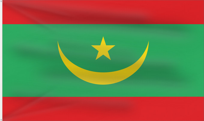 Flag, with two metal eyelets and reinforced hoist: Mauritania	Mauritanie	La Asamblea Nacional de Mauritania aprobó cambiar el diseño de la bandera nacional	Mauretanien	علم موريتانيا ، اعتمد في عام 2017. أضاف مجلس الأمة خطوطًا حمراء على الحافة العلوية والسفلية لتمثل  دماء شهداء الاستقلال