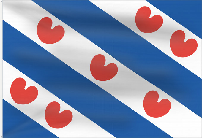 Bandera, con dos ojales metálicos y lado del asta reforzado: Frisian Dutch province of Friesland Frise Frisia Friesland De Friese vlag en het wapen hebben een gemeenschappelijke herkomst