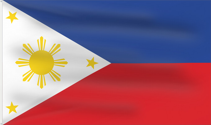 Flag, with two metal eyelets and reinforced hoist: Philippines The national flag of the Philippines Filipinas Philippinen Filippine Filipijnen علم فلبين An nasyunal na bandera kan Filipinas ফিলিপাইনের জাতীয় পতাকা Ang nasodnong bandera sa Pilipinas La nacia flago de la Filipinoj Wagayway ti Filipinas フィリピ