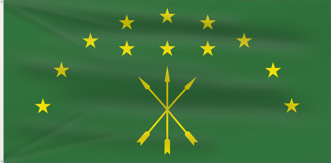 Bandera, con dos ojales metálicos y lado del asta reforzado: Adygea	Adygea, Russia	Adige	República de Adiguesia	Republik Adygeja	Repubblica di Adygea	Флаг Адыгеи	Прапор Адигеї